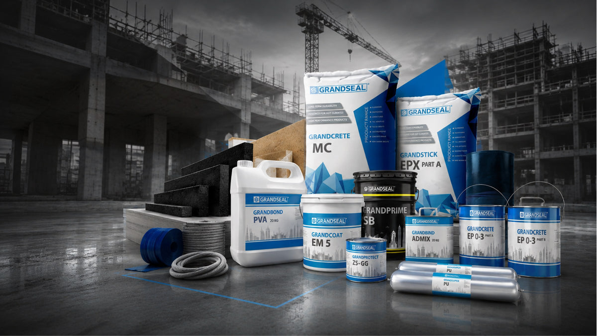 Grandseal construction chemicals product range on a construction site in the UAE
